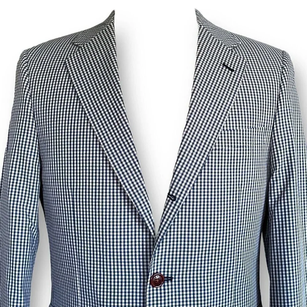 Orvis Mens Sport Coat Jacket 38R Navy Blue Beige Gingham Cotton Blend Two Button